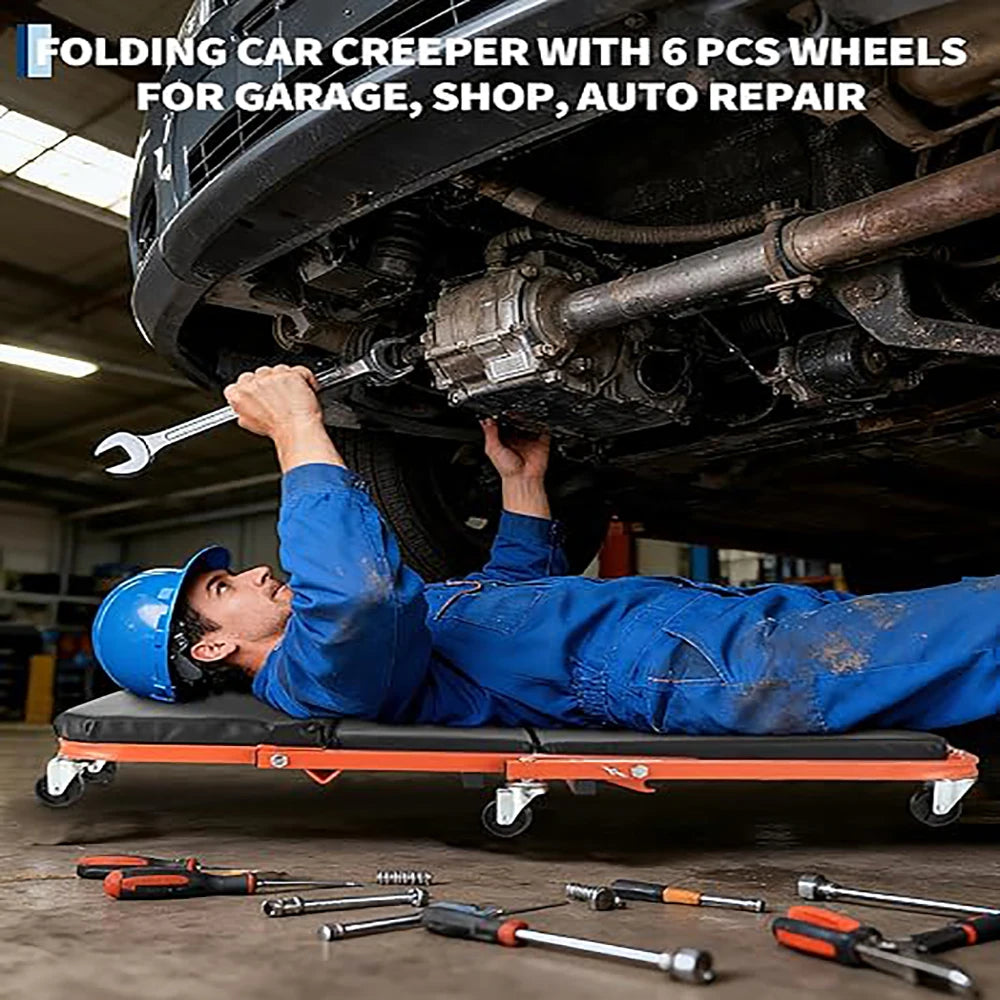 2-in-1 Foldable Garage Creeper Shop Seat 300LBS Capacity Automotive Mechanic Repair Under Car Rolling Creeper Seat