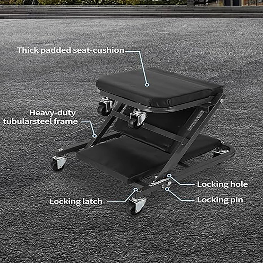2-in-1 Foldable Garage Creeper Shop Seat 300LBS Capacity Automotive Mechanic Repair Under Car Rolling Creeper Seat