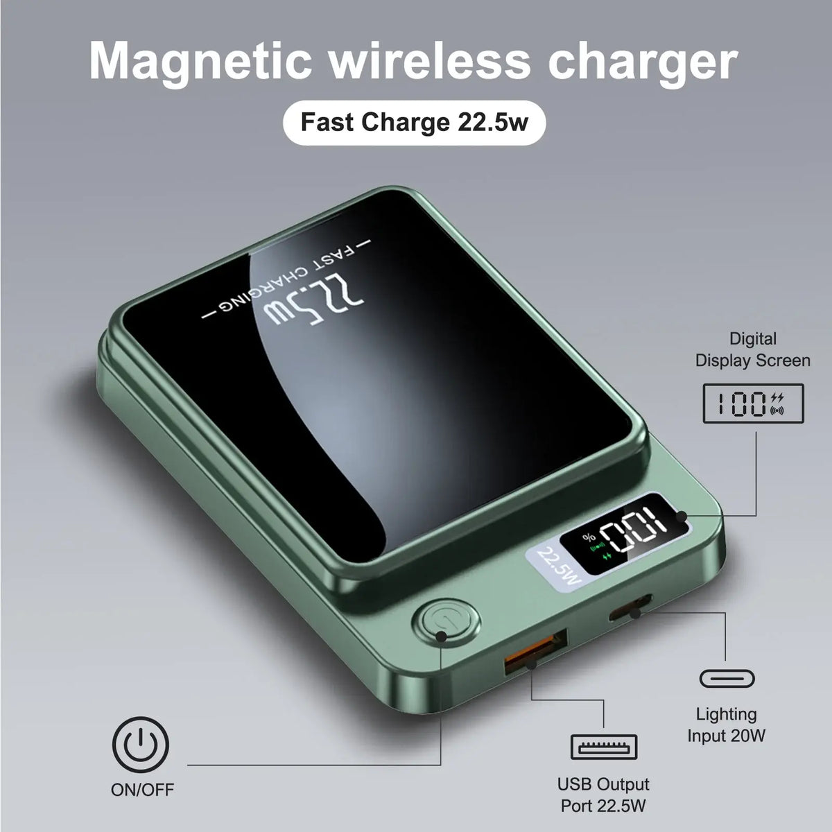 2-in-1 Wireless Magnetic Power Bank Fast Charging Portable PD 22.5W 10000mAh LED Power Display for iPhone 17/16/15/14