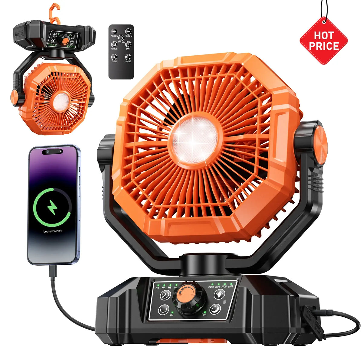 20000mAh Camping Fan with LED Lantern 8 Speed Desk Fan with Remote Portable Outdoor Fan with Hook for Tent Power
