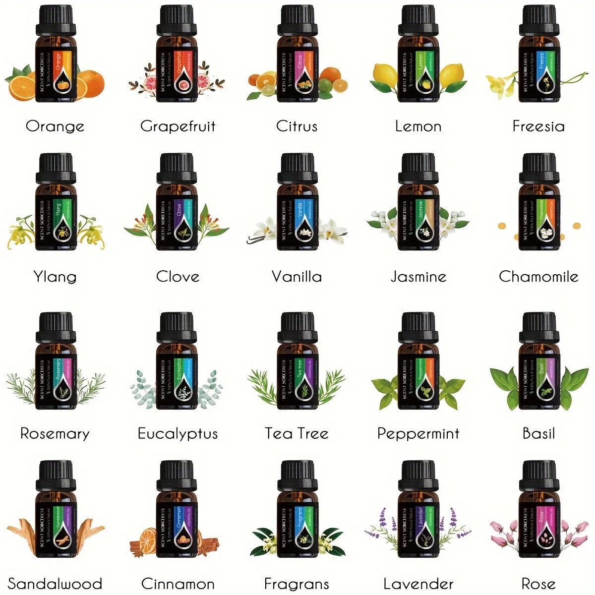20pcs/set Black Classic Essential Oil Set Lavender Eucalyptus Sweet Orange Lemon Fragrance Oil Spa Body Massage