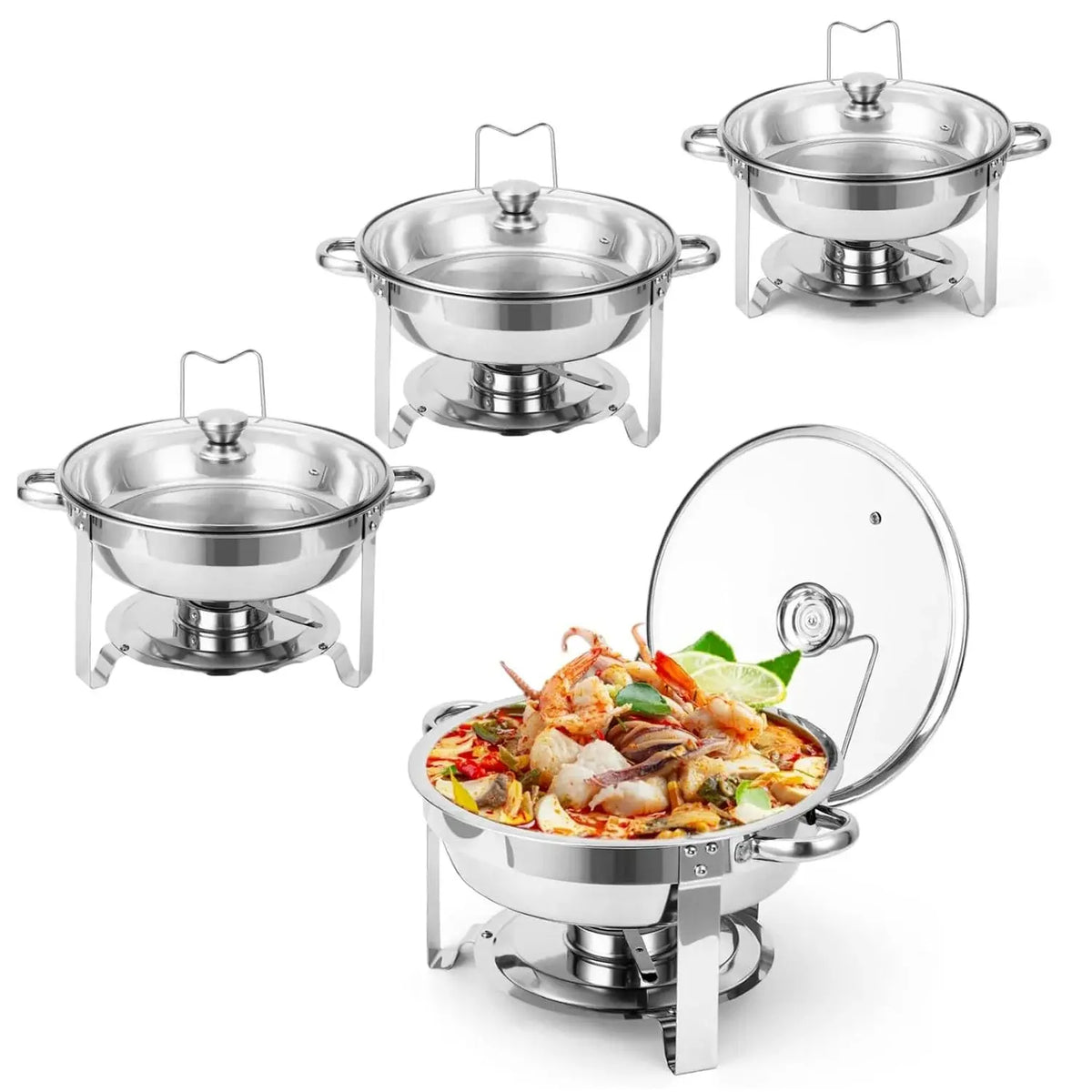 2/4 Pack Chafing Dish Buffet Set, 5QT Buffet Servers and Warmers, Round Catering Warmer with Glass Lid & Lid Holder for Party - Nexvibe