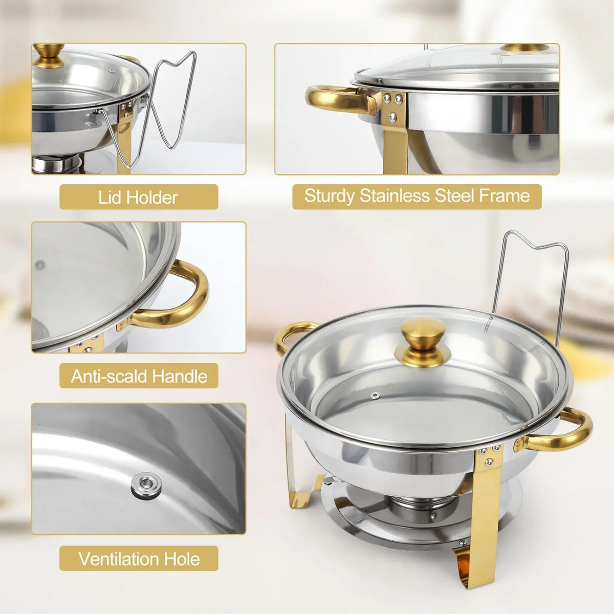 2/4 Pack Chafing Dish Buffet Set, 5QT Buffet Servers and Warmers, Round Catering Warmer with Glass Lid & Lid Holder for Party - Nexvibe