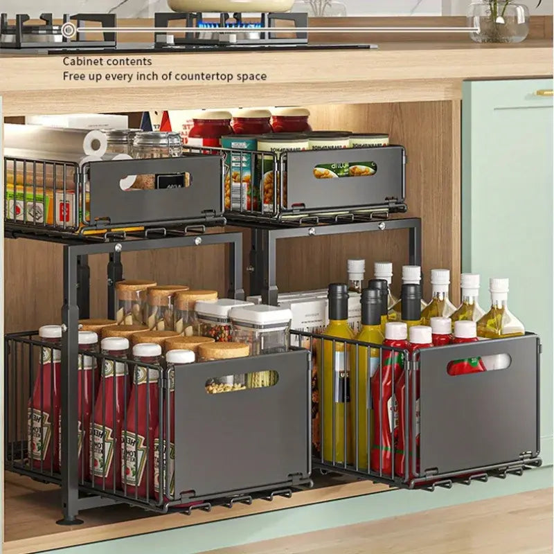 2 Tier Slide Out Cabinet Organizer Heavy Duty, Under Sink Storage Shelf for Kitchen Bathroom, Adjustable Metal Shelf 1/2 Pack - Nexvibe