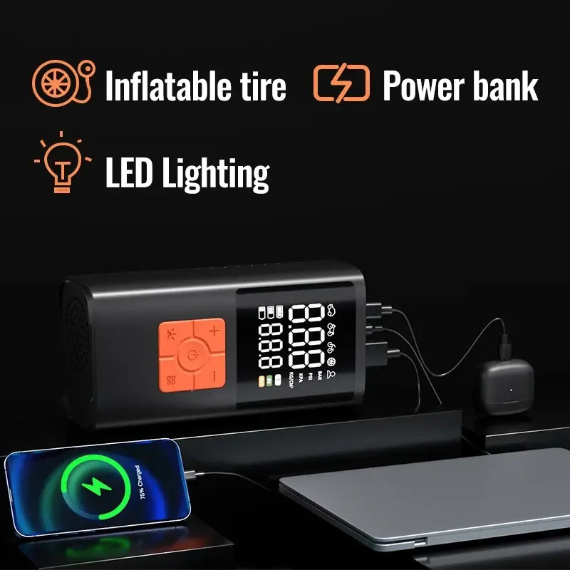 3-in-1 Portable Air Compressor & Tire Inflator, 150 PSI, Emergency Power Bank & LED Light, USB-C Rechargeable, Suitable for Car - Nexvibe
