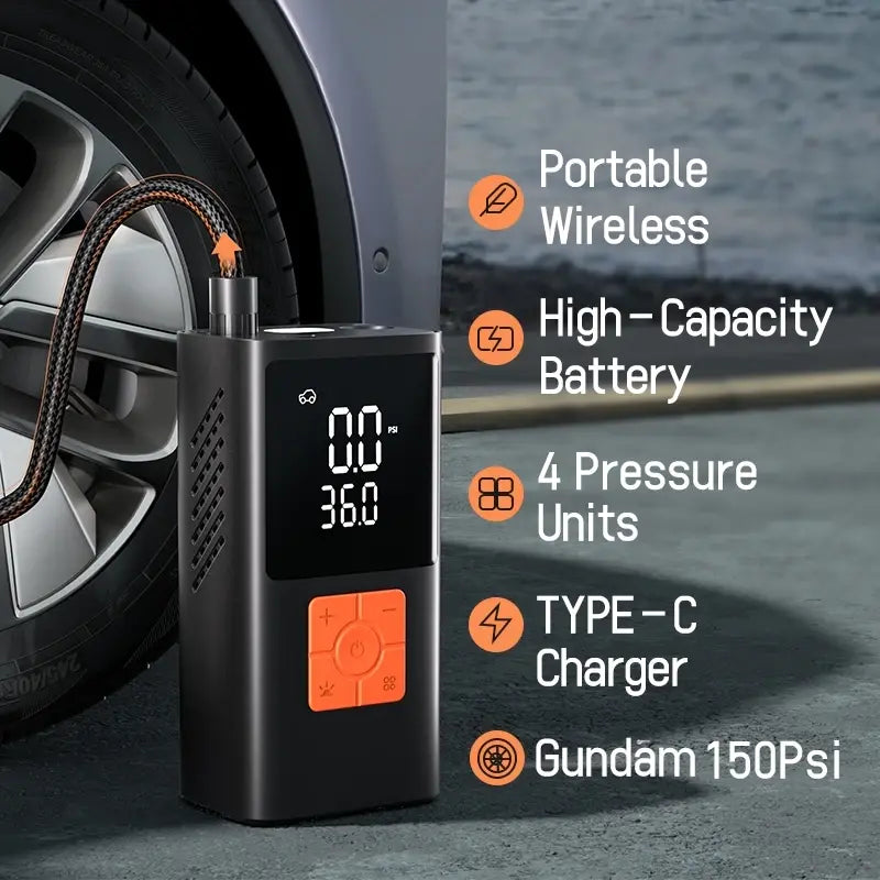 3-in-1 Portable Air Compressor & Tire Inflator, 150 PSI, Emergency Power Bank & LED Light, USB-C Rechargeable, Suitable for Car - Nexvibe