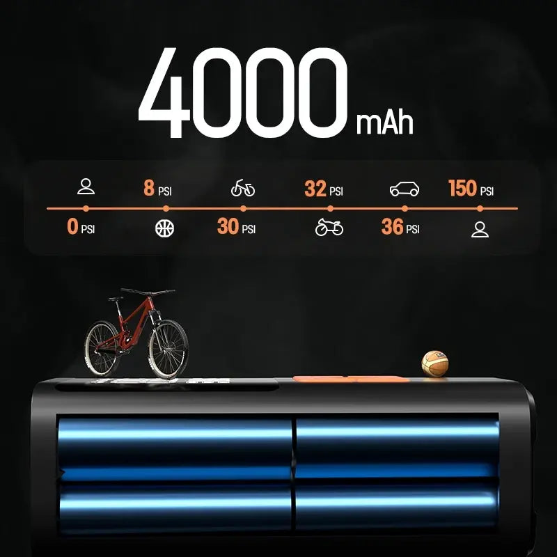 3-in-1 Portable Air Compressor & Tire Inflator, 150 PSI, Emergency Power Bank & LED Light, USB-C Rechargeable, Suitable for Car - Nexvibe