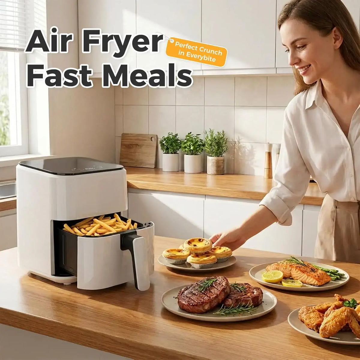 3QT Air Fryer, Small Air Fryer with Digital PP Touch Panel, White - Nexvibe