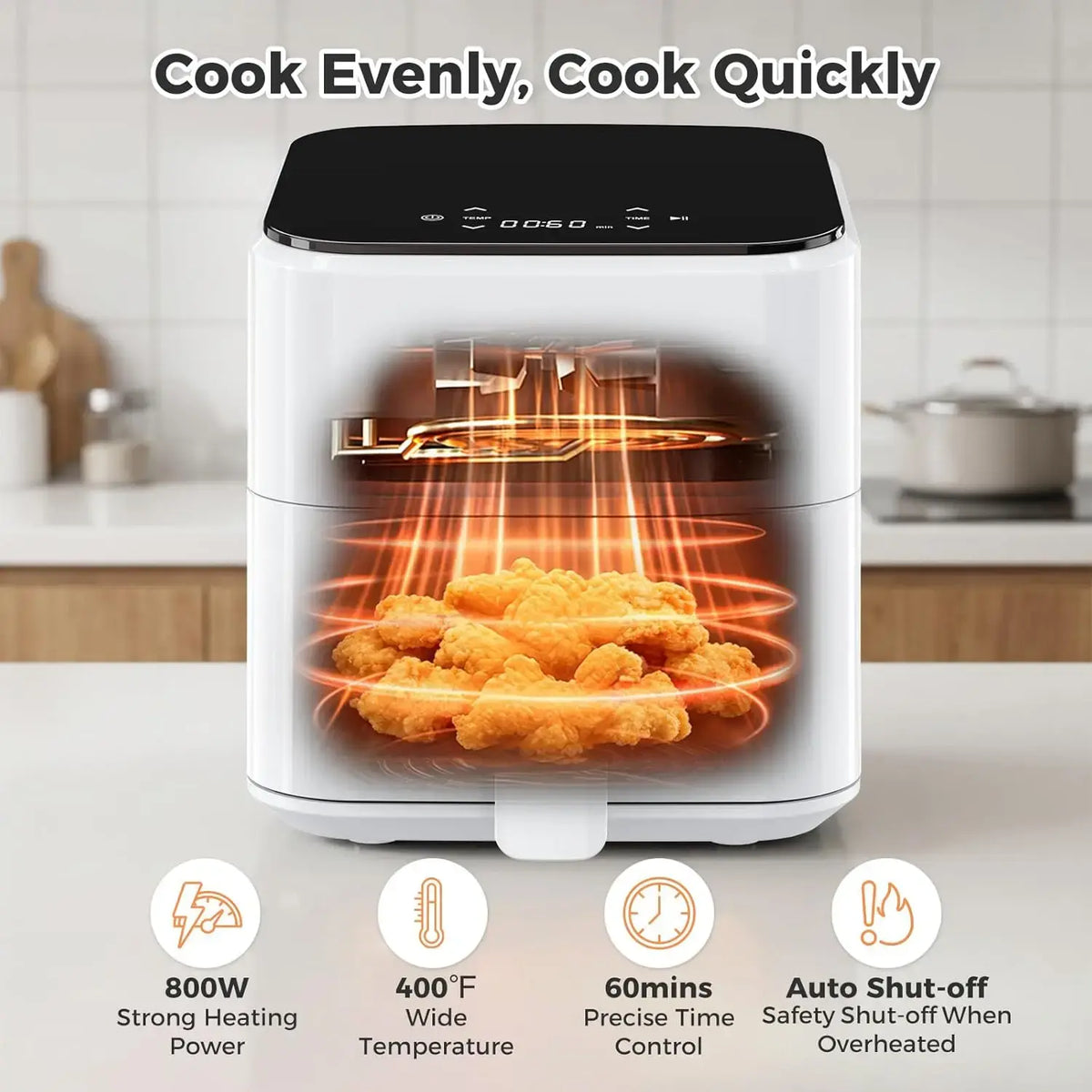 3QT Air Fryer, Small Air Fryer with Digital PP Touch Panel, White - Nexvibe
