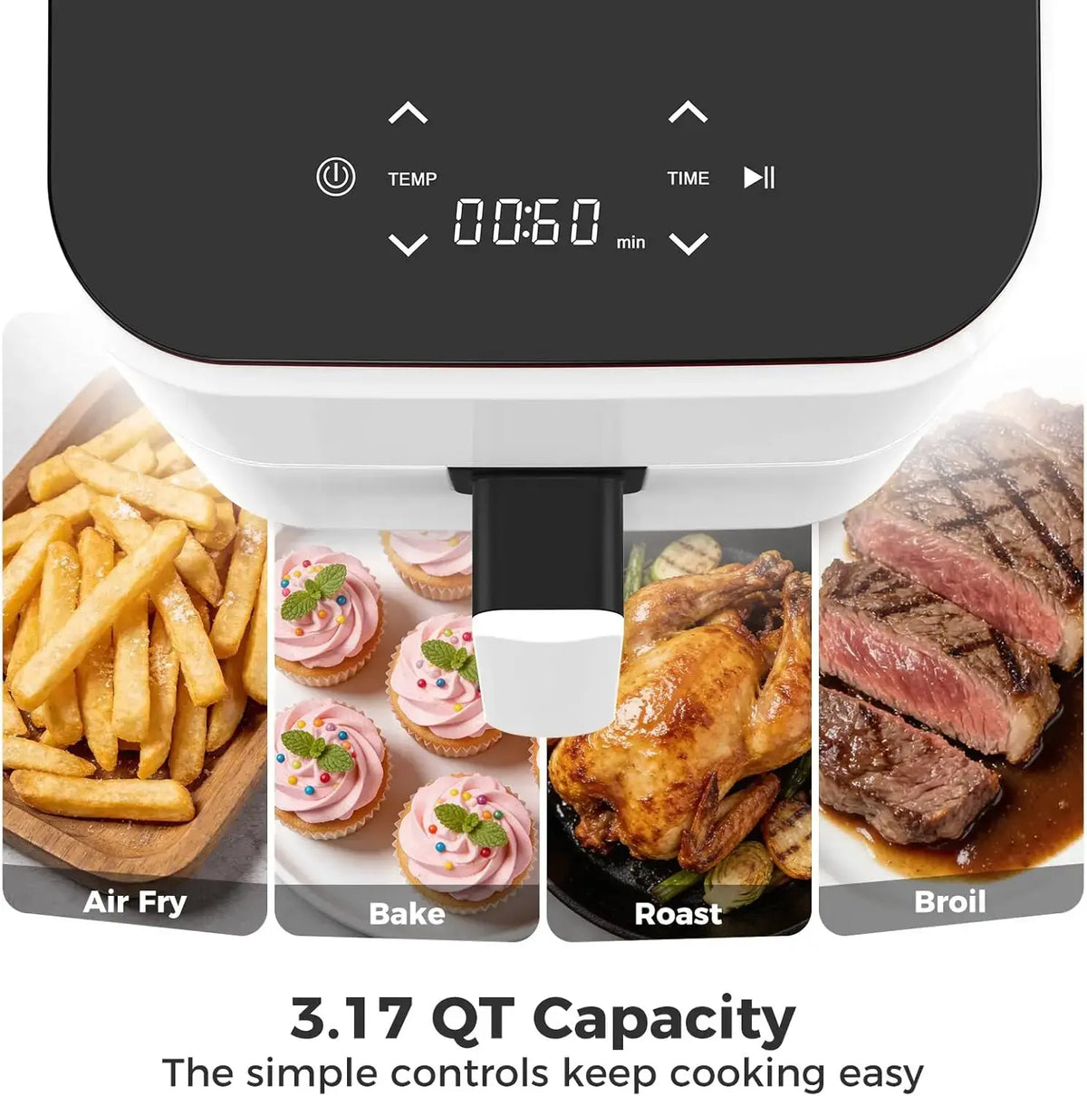 3QT Air Fryer, Small Air Fryer with Digital PP Touch Panel, White - Nexvibe