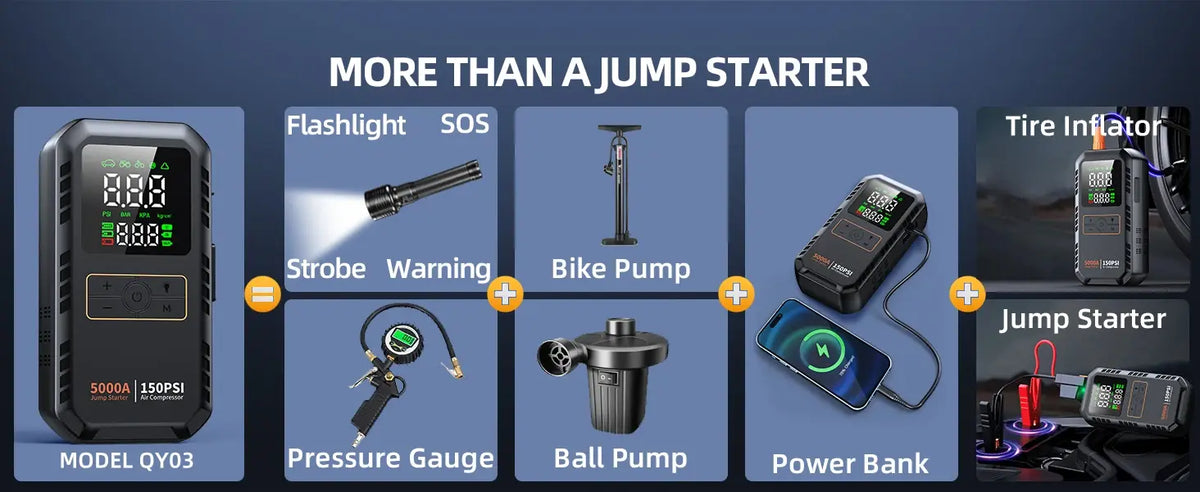 4-IN-1 Car Jump Starter with Air Compressor Peak 5000A Auto Battery Booster 150PSI Air Pump Portable Power Bank Tire