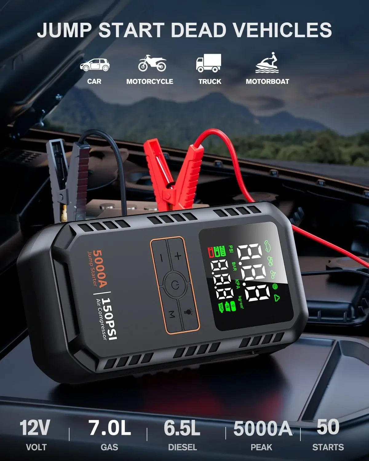4-IN-1 Car Jump Starter with Air Compressor Peak 5000A Auto Battery Booster 150PSI Air Pump Portable Power Bank Tire