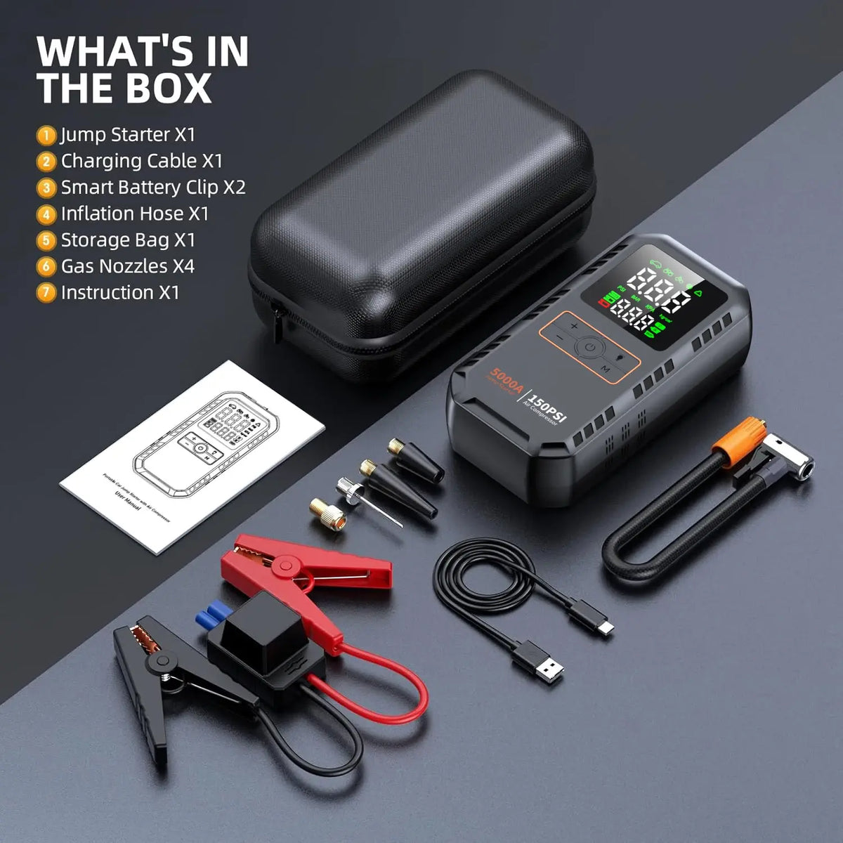 4-IN-1 Car Jump Starter with Air Compressor Peak 5000A Auto Battery Booster 150PSI Air Pump Portable Power Bank Tire
