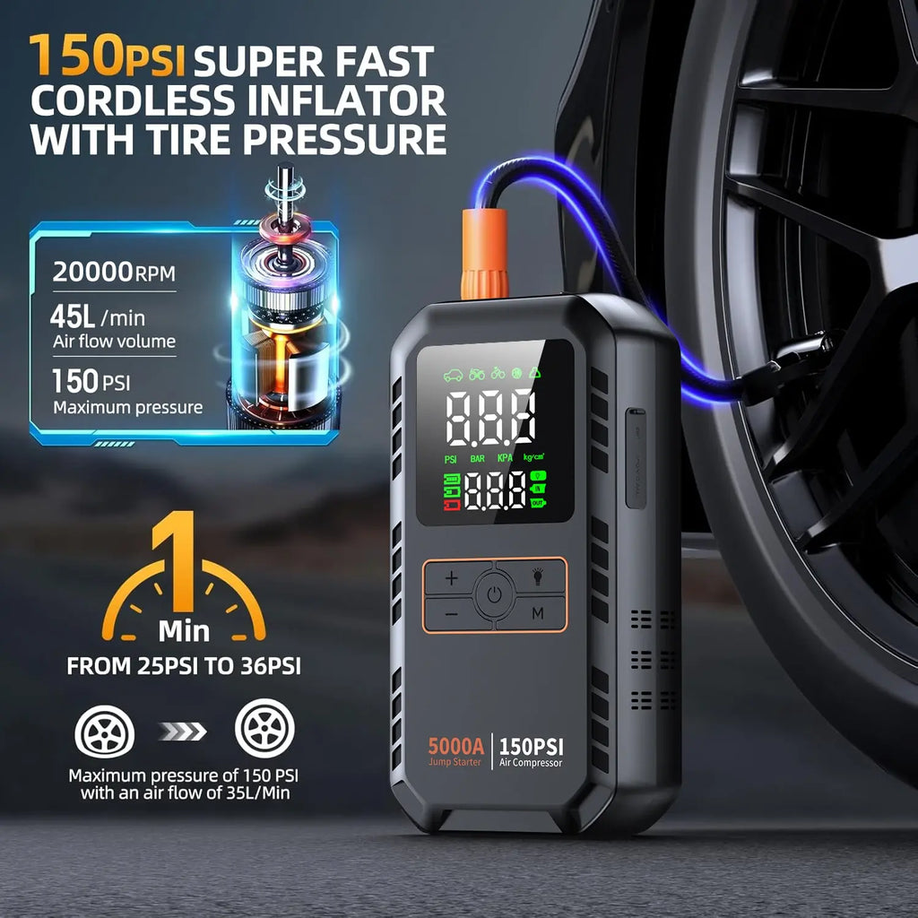 4-IN-1 Car Jump Starter with Air Compressor Peak 5000A Auto Battery Booster 150PSI Air Pump Portable Power Bank Tire