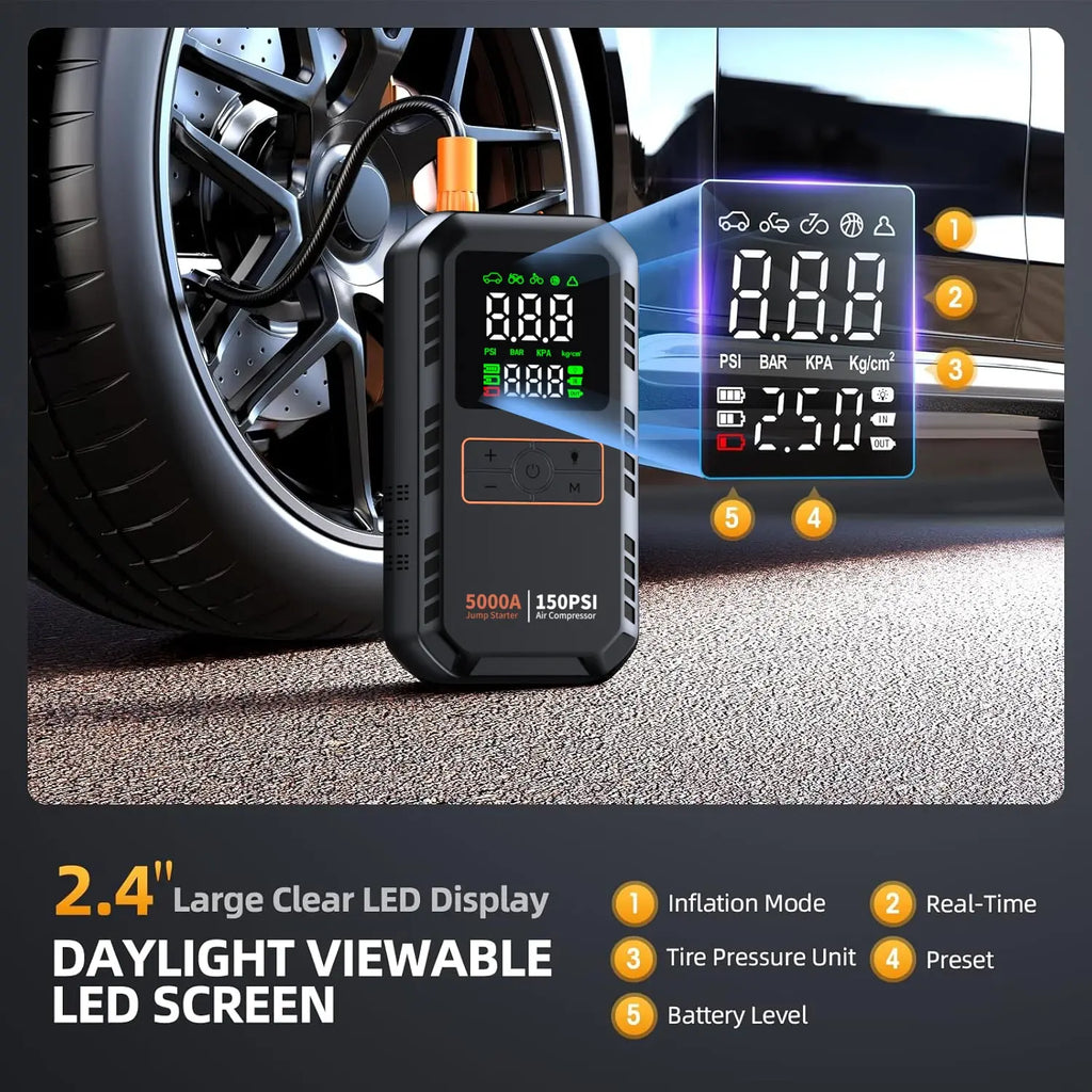 4-IN-1 Car Jump Starter with Air Compressor Peak 5000A Auto Battery Booster 150PSI Air Pump Portable Power Bank Tire