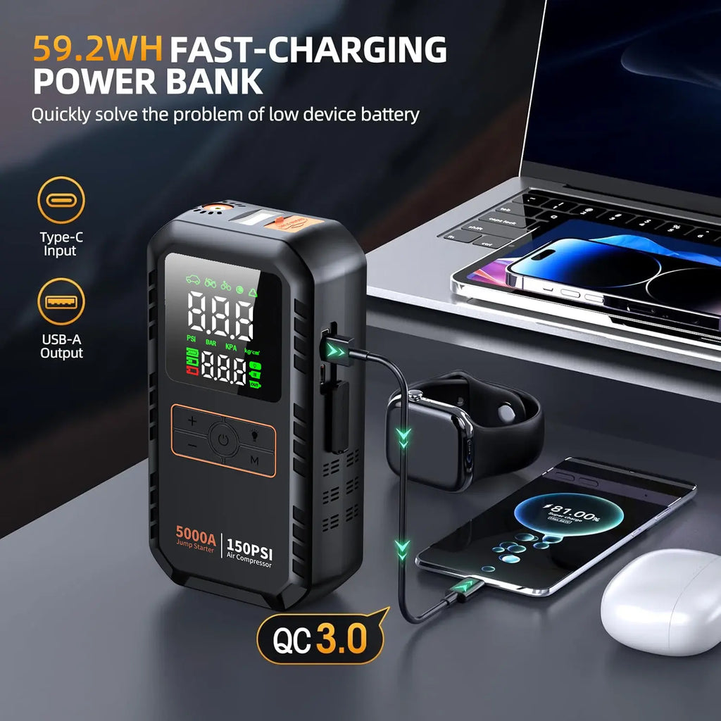 4-IN-1 Car Jump Starter with Air Compressor Peak 5000A Auto Battery Booster 150PSI Air Pump Portable Power Bank Tire