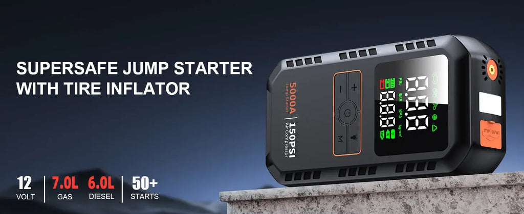 4-IN-1 Car Jump Starter with Air Compressor Peak 5000A Auto Battery Booster 150PSI Air Pump Portable Power Bank Tire