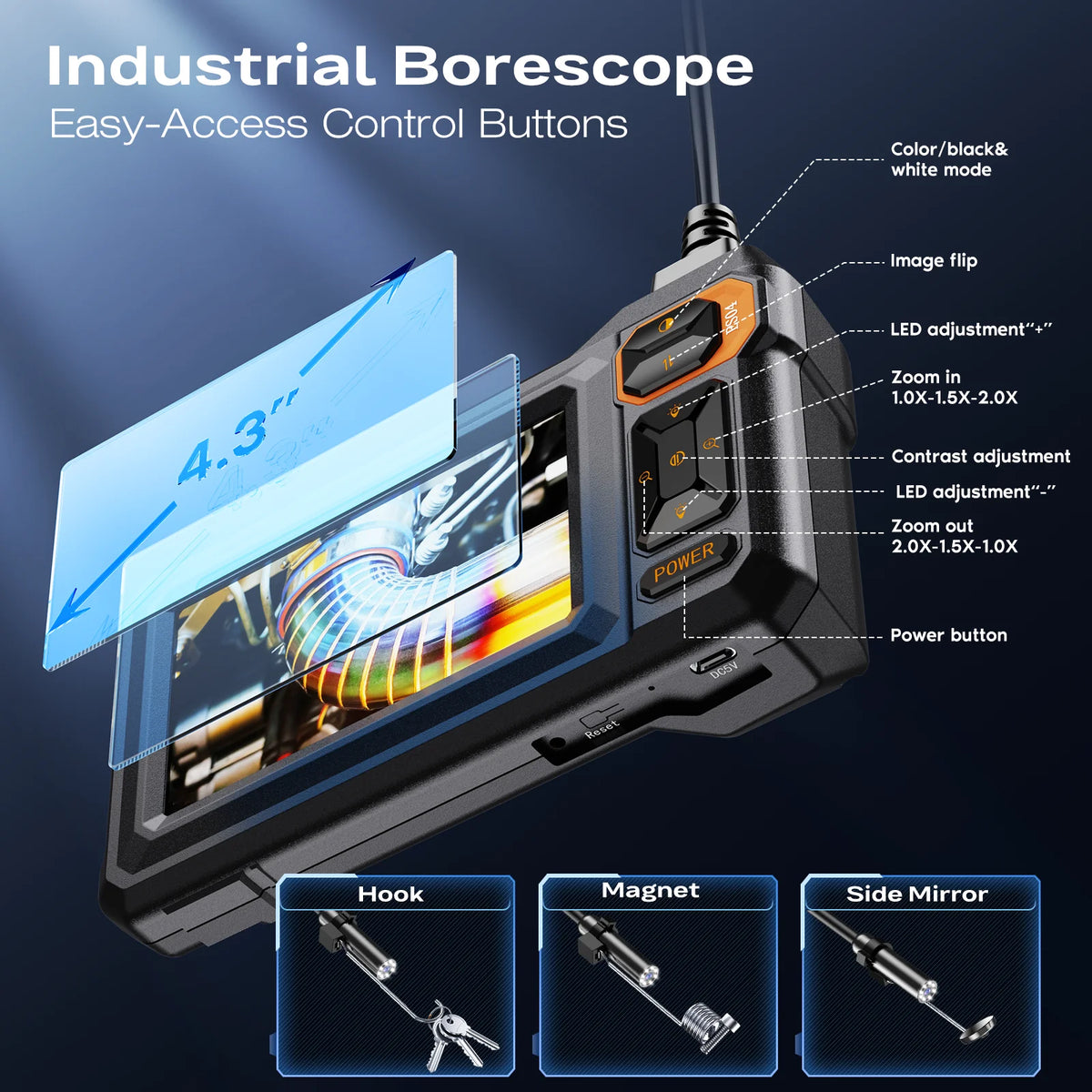 4.3 Inch Industrial Endoscope Camera HD1920P 16.5TF Single Lens Pipe Inspection Borescope for Car Sewer Inspection