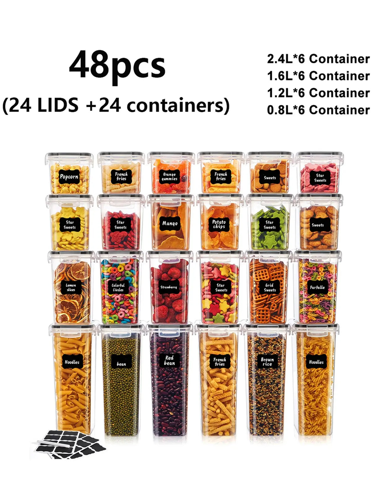 48pcs，kitchen gadgets, sealed pasta boxes with LIDS, labels and markings - versatile containers for pasta, dry food - Nexvibe