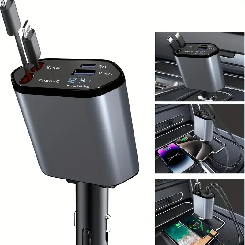 4 in 1 120W Car Charger Retractable Car Cigarette Lighter Adapter USB Type C Fast Charger Cable for IPhone Xiaomi POCO