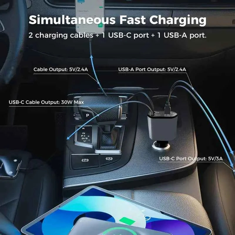 4 in 1 120W Car Charger Retractable Car Cigarette Lighter Adapter USB Type C Fast Charger Cable for IPhone Xiaomi POCO Samsung
