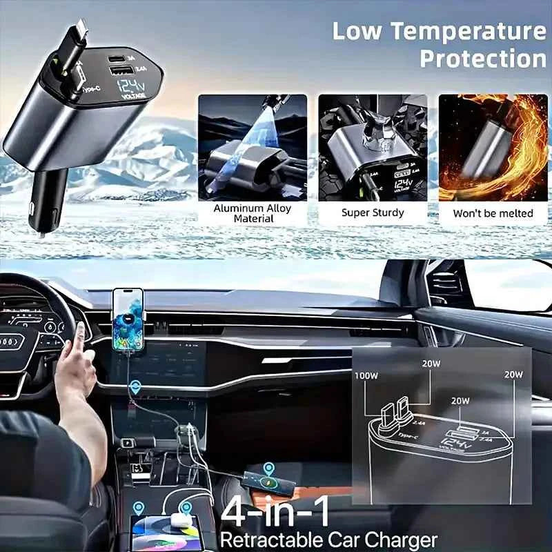 4 in 1 120W Car Charger Retractable Car Cigarette Lighter Adapter USB Type C Fast Charger Cable for IPhone Xiaomi POCO Samsung