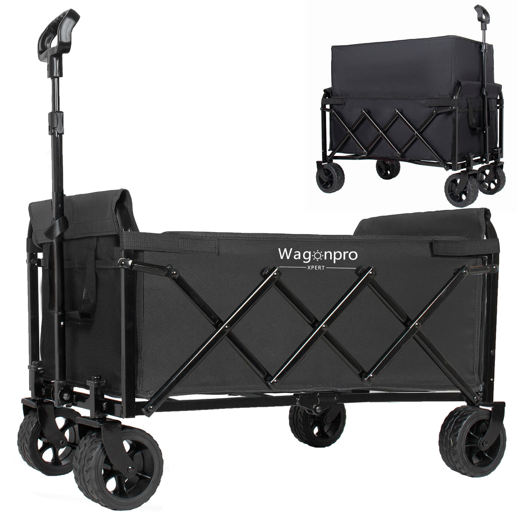Upgraded 5*2' Wide Wheels-Expandable Dual-Layer Utility Wagon with 100% Extra Space, 220lbs Capacity Grocery Cart for Camping, Shopping, Sports, Gardening, Fishing, Black