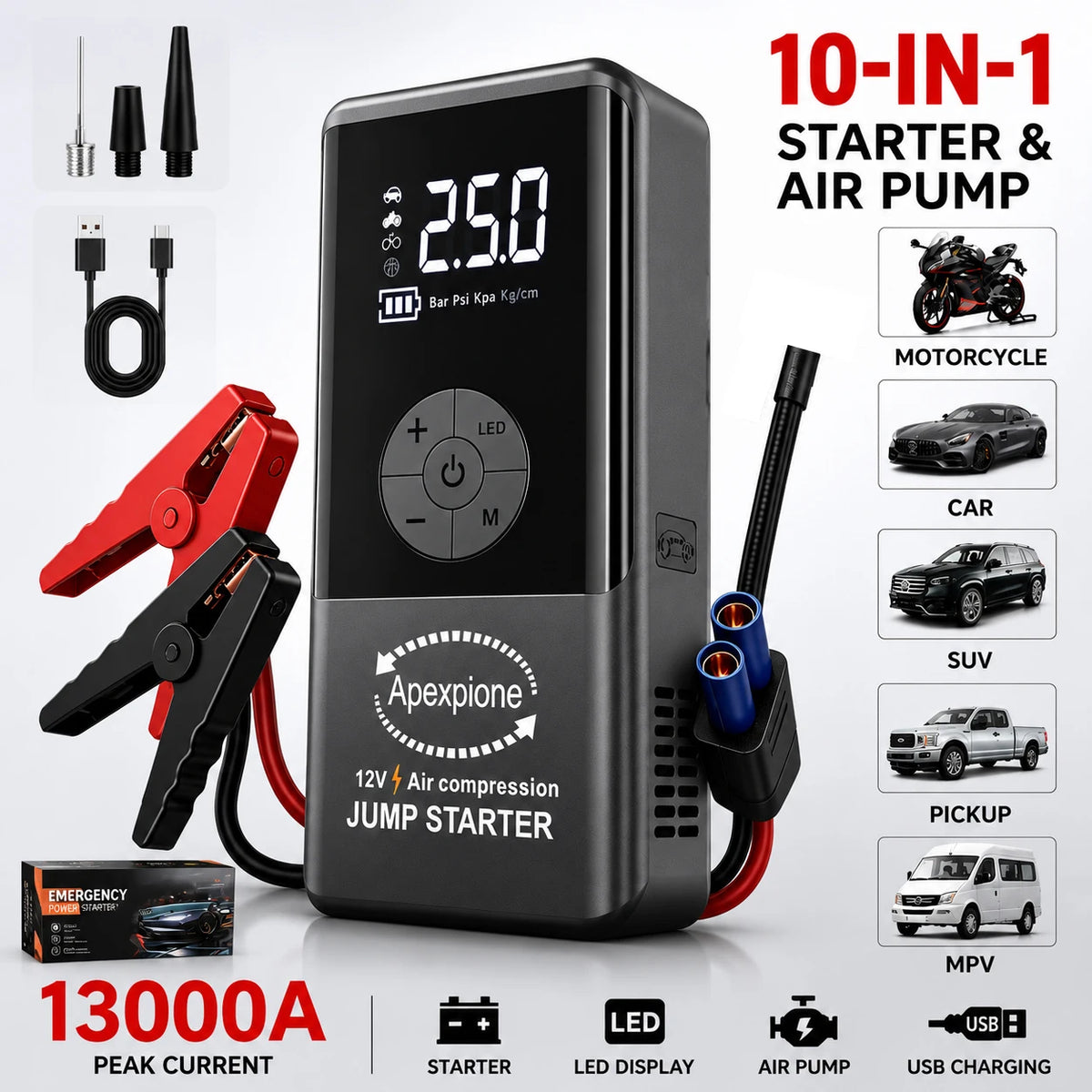 5-IN-1 Car Jump Starter with Air Compressor High Peak Auto Battery Booster 150PSI Air Pump Power Bank Tire Inflator