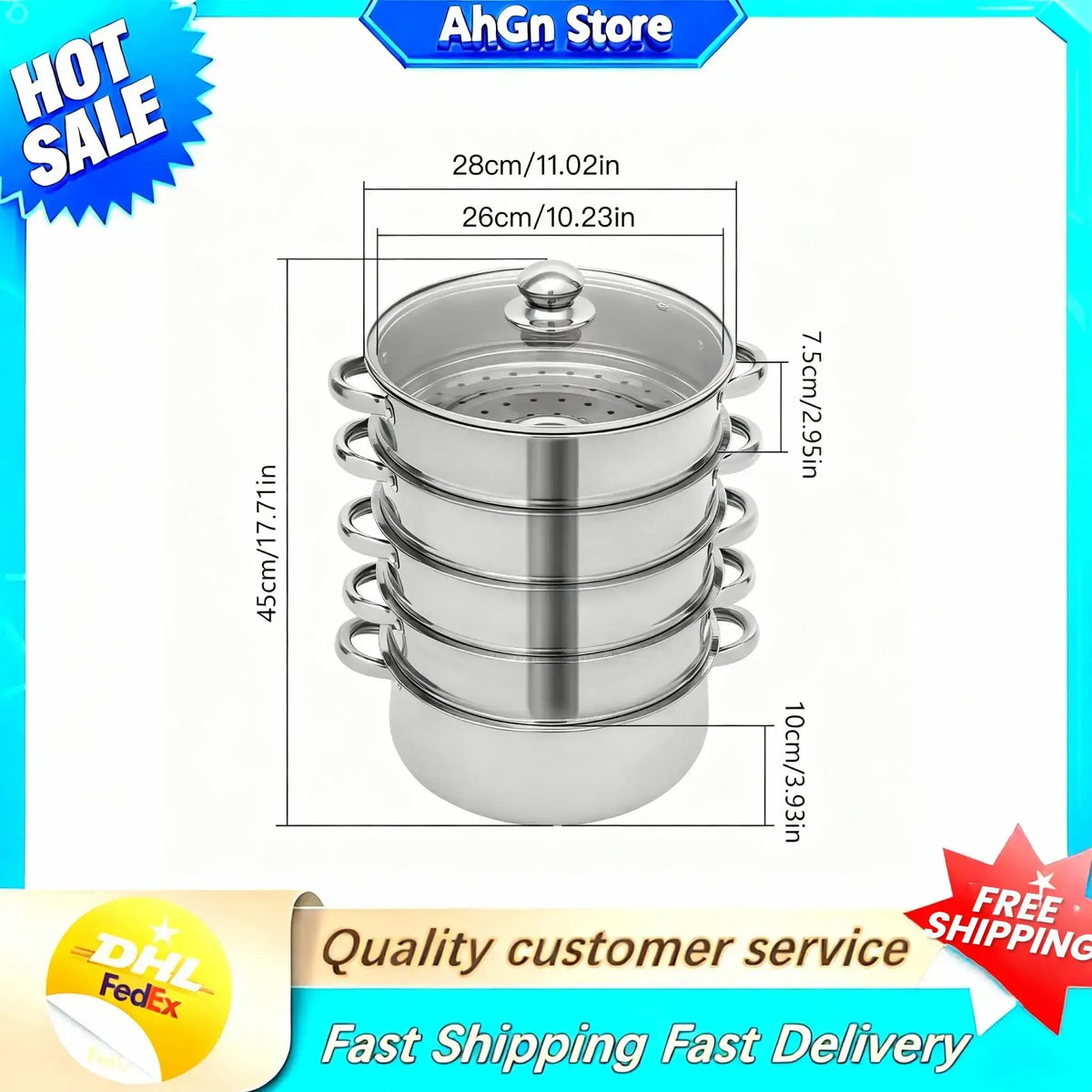 5-Tier Stainless Steel Steamer Cookware Cooking Pot Tier 4 Steaming Grids 1 Cooking Pot 28cm/30cm/26cm Steamer Pot - Nexvibe