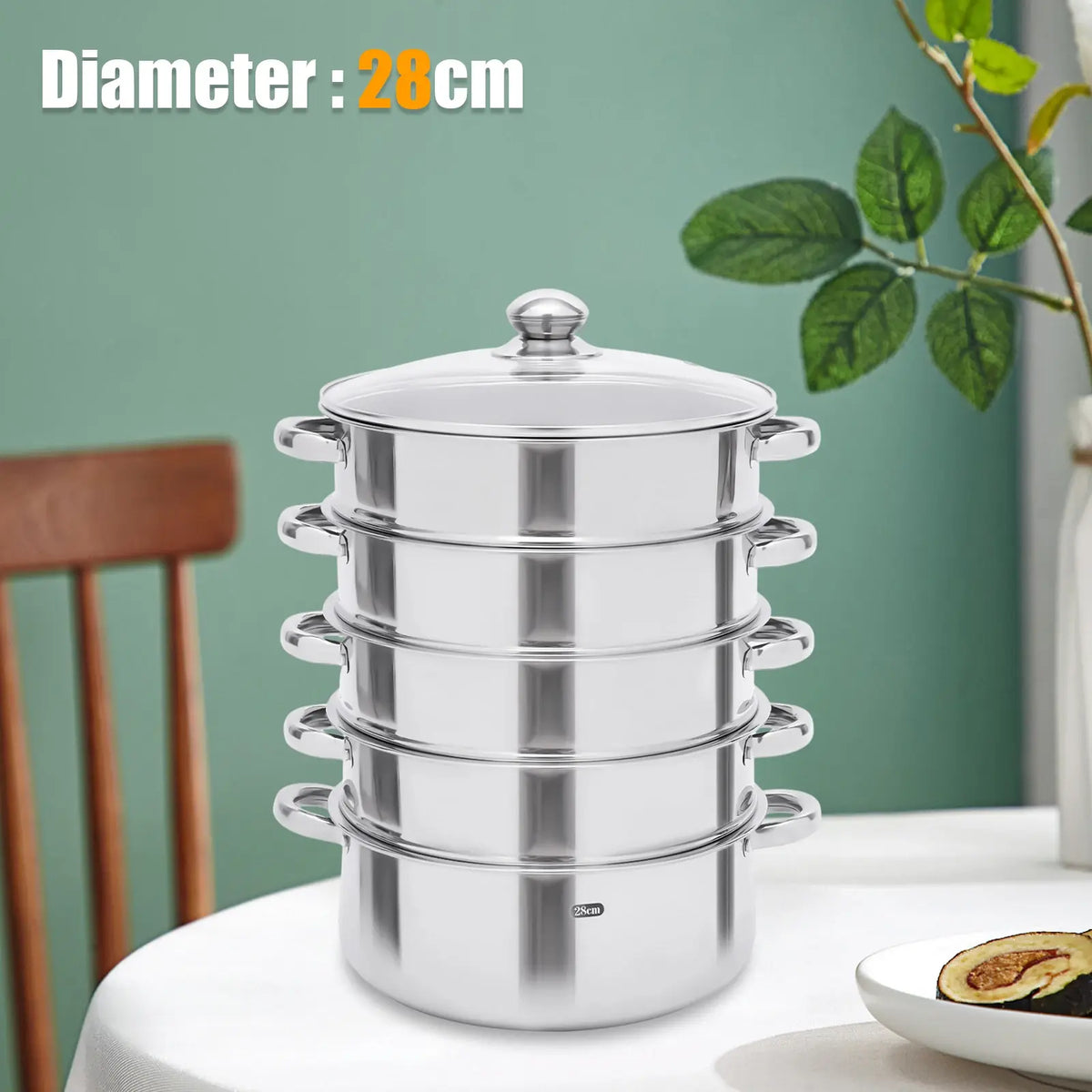 5-Tier Stainless Steel Steamer Cookware Cooking Pot Tier 4 Steaming Grids 1 Cooking Pot 28cm/30cm/26cm Steamer Pot - Nexvibe