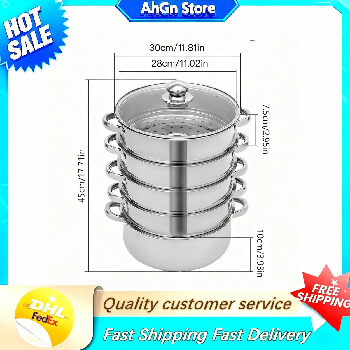 5-Tier Stainless Steel Steamer Cookware Cooking Pot Tier 4 Steaming Grids 1 Cooking Pot 28cm/30cm/26cm Steamer Pot - Nexvibe
