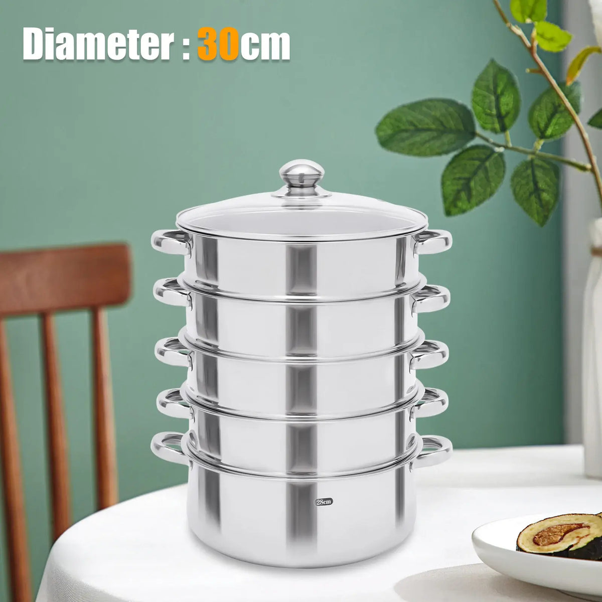 5-Tier Stainless Steel Steamer Cookware Cooking Pot Tier 4 Steaming Grids 1 Cooking Pot 28cm/30cm/26cm Steamer Pot - Nexvibe