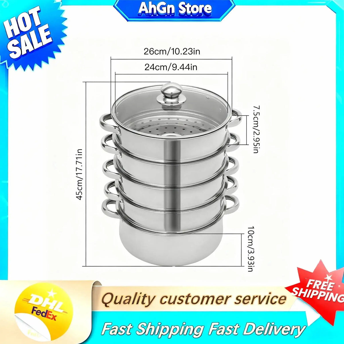 5-Tier Stainless Steel Steamer Cookware Cooking Pot Tier 4 Steaming Grids 1 Cooking Pot 28cm/30cm/26cm Steamer Pot - Nexvibe