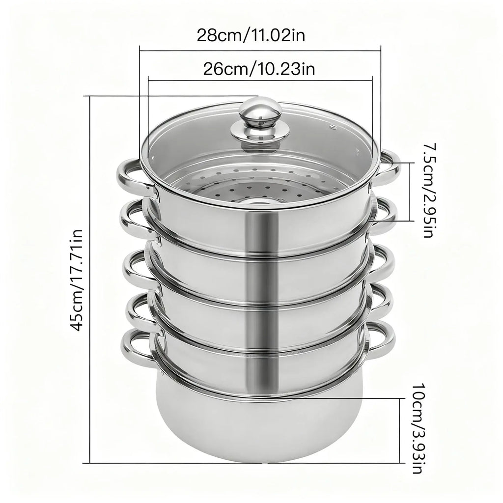 5-Tier Stainless Steel Steamer Cookware Cooking Pot Tier 4 Steaming Grids 1 Cooking Pot 28cm/30cm/26cm Steamer Pot - Nexvibe