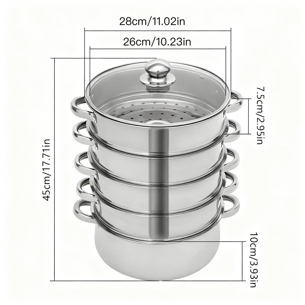5-Tier Stainless Steel Steamer Cookware Cooking Pot Tier 4 Steaming Grids 1 Cooking Pot 28cm/30cm/26cm Steamer Pot - Nexvibe