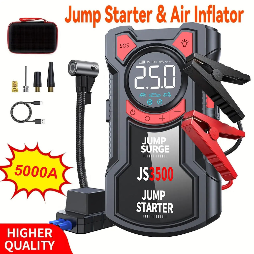 5-in-1 Multifunctional Air Pump Jump Starter with Air Compressor 3000A Peak/150PSI Battery Jump Starter Digital Tire Inflator - Nexvibe