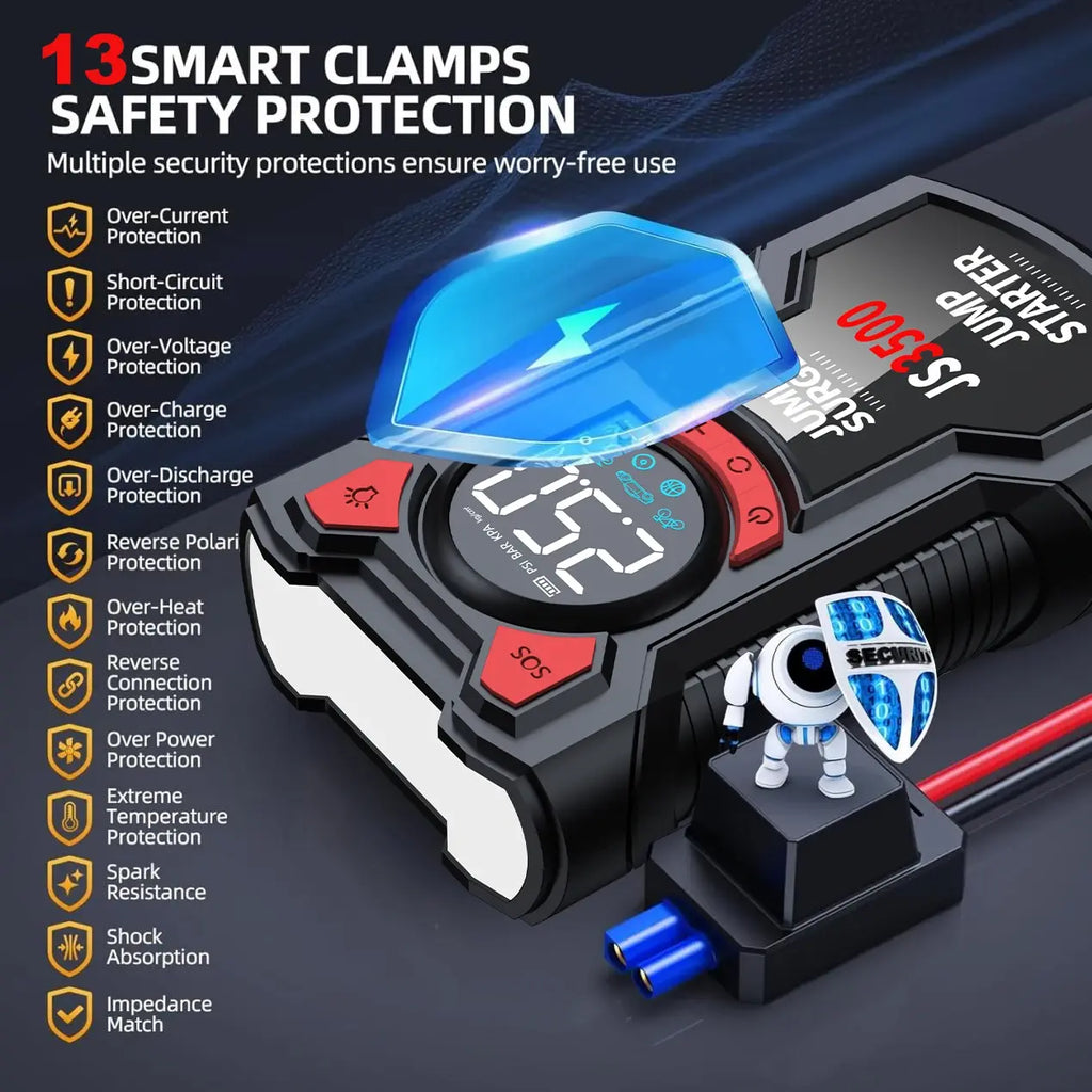 5-in-1 Multifunctional Air Pump Jump Starter with Air Compressor 3000A Peak/150PSI Battery Jump Starter Digital Tire Inflator - Nexvibe