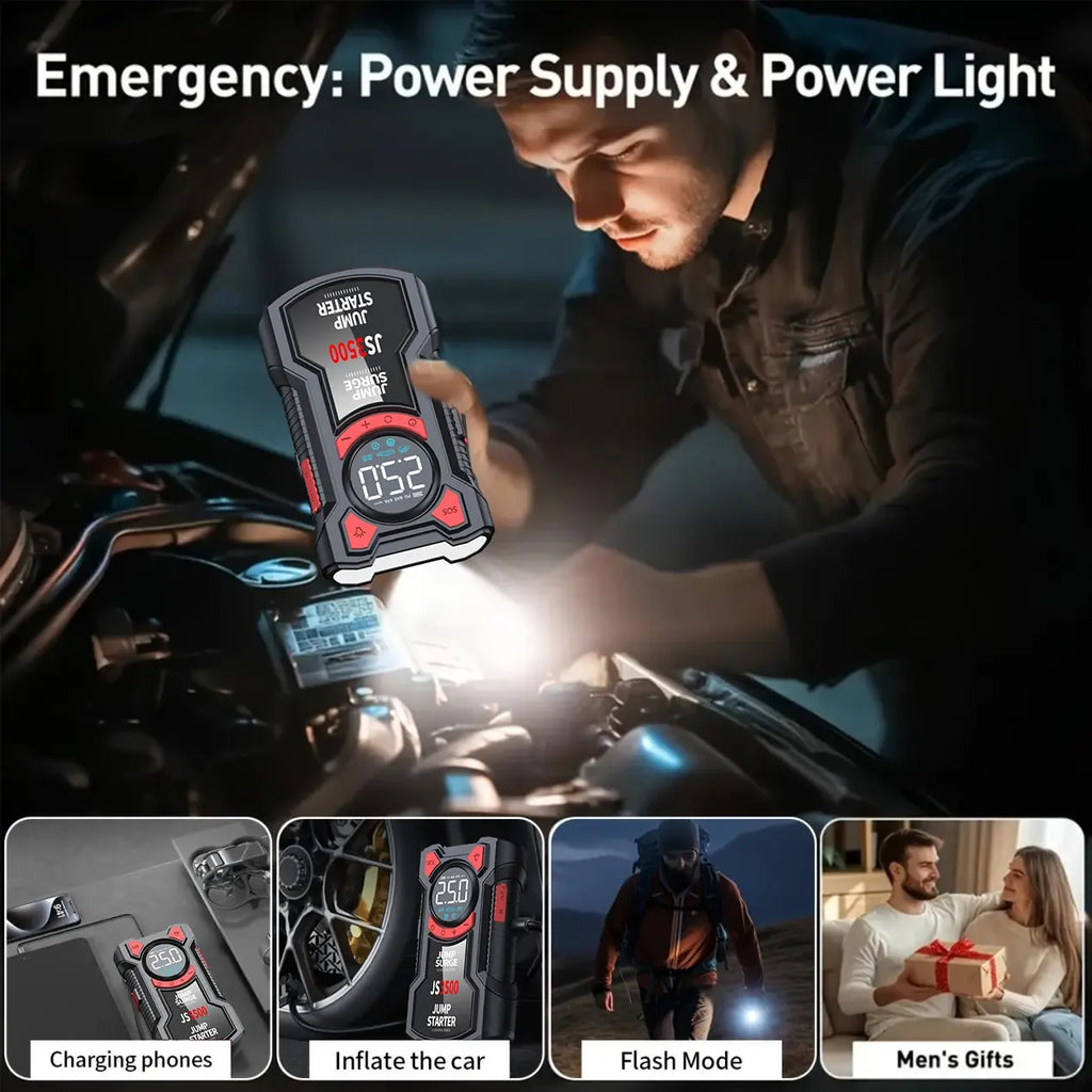 5-in-1 Multifunctional Air Pump Jump Starter with Air Compressor 3000A Peak/150PSI Battery Jump Starter Digital Tire Inflator - Nexvibe