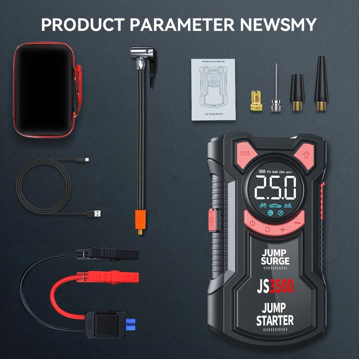 5-in-1 Multifunctional Air Pump Jump Starter with Air Compressor 3000A Peak/150PSI Battery Jump Starter Digital Tire Inflator - Nexvibe