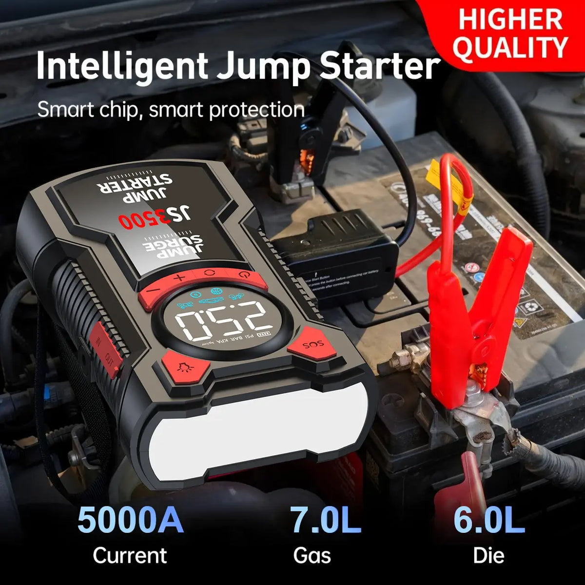 5-in-1 Multifunctional Air Pump Jump Starter with Air Compressor 3000A Peak/150PSI Battery Jump Starter Digital Tire Inflator - Nexvibe
