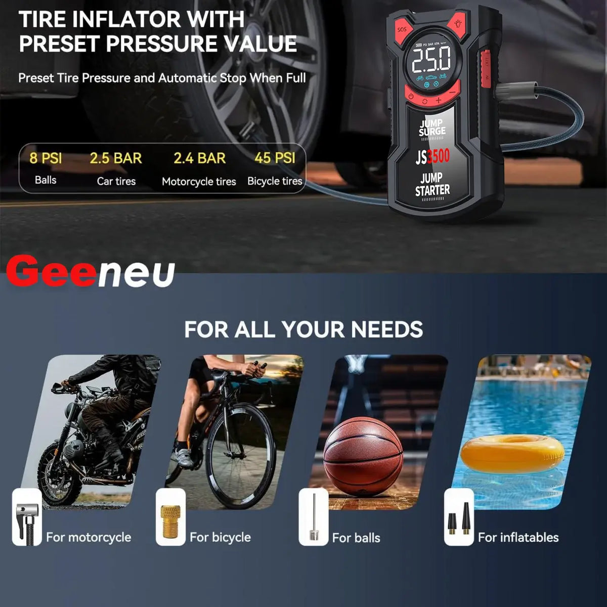 5-in-1 Multifunctional Air Pump Jump Starter with Air Compressor 3000A Peak/150PSI Battery Jump Starter Digital Tire Inflator - Nexvibe