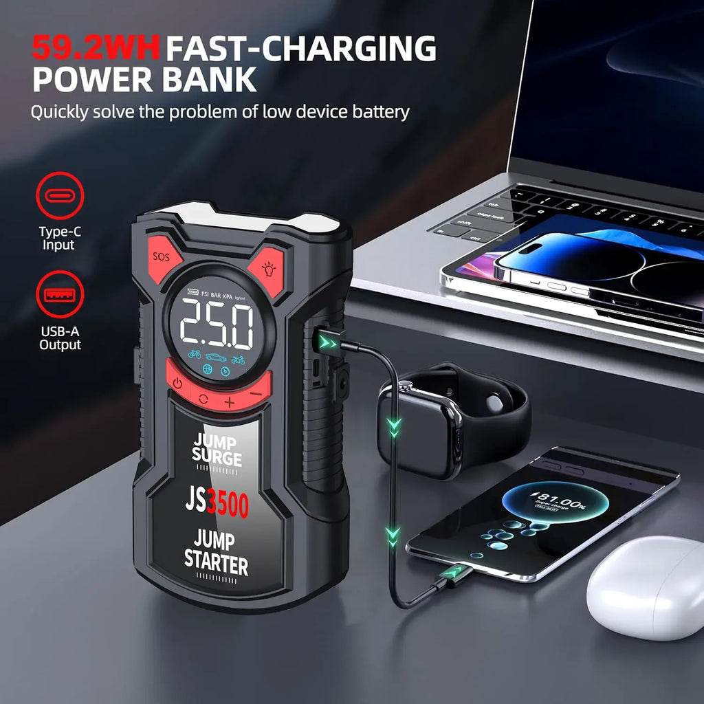5-in-1 Multifunctional Air Pump Jump Starter with Air Compressor 3000A Peak/150PSI Battery Jump Starter Digital Tire Inflator - Nexvibe