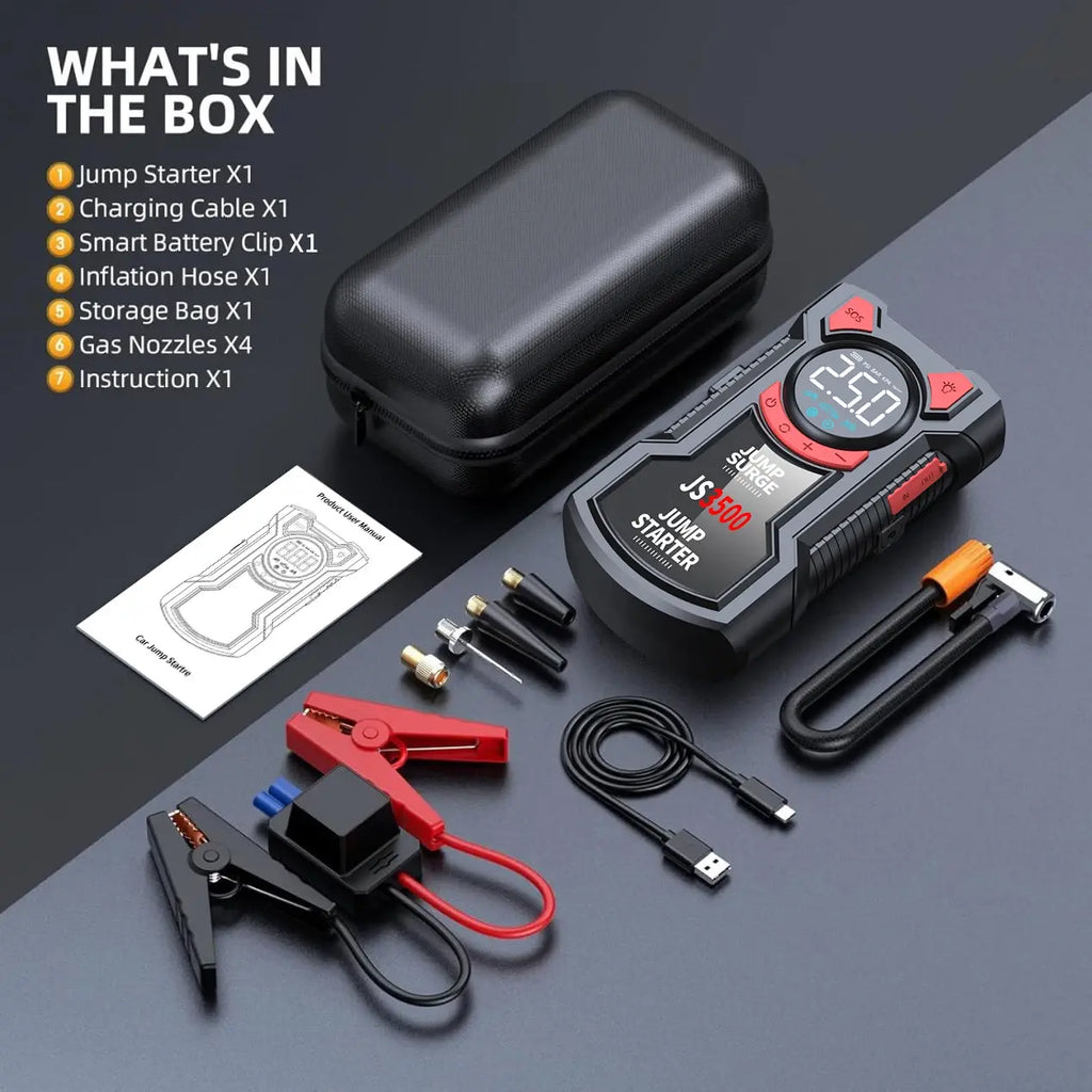 5-in-1 Multifunctional Air Pump Jump Starter with Air Compressor 3000A Peak/150PSI Battery Jump Starter Digital Tire Inflator - Nexvibe