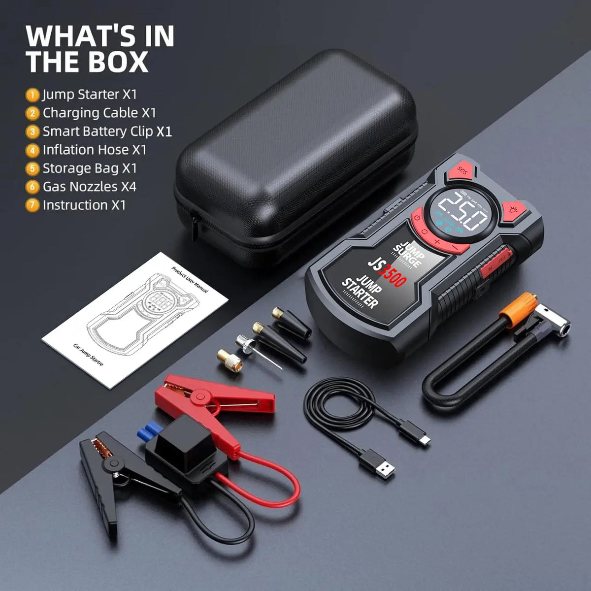 5-in-1 Multifunctional Air Pump Jump Starter with Air Compressor 3000A Peak/150PSI Battery Jump Starter Digital Tire Inflator - Nexvibe