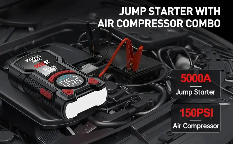 5-in-1 Multifunctional Air Pump Jump Starter with Air Compressor 3000A Peak/150PSI Battery Jump Starter Digital Tire Inflator - Nexvibe