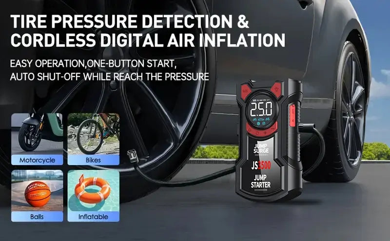 5-in-1 Multifunctional Air Pump Jump Starter with Air Compressor 3000A Peak/150PSI Battery Jump Starter Digital Tire Inflator - Nexvibe