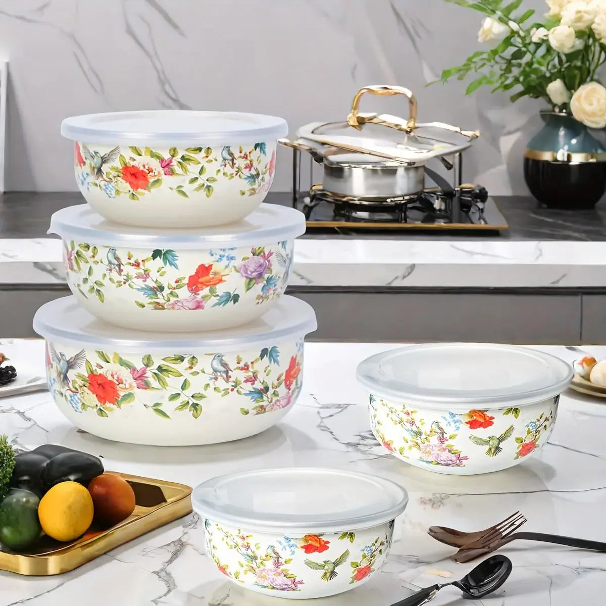 5PCS Enamel Bowls, Enamel on Steel Mixing Bowls with Lids, Vintage Soup Retro Food Containers Soup with Lids, Mixing with Set Containers for Food Fruits Salad - Nexvibe