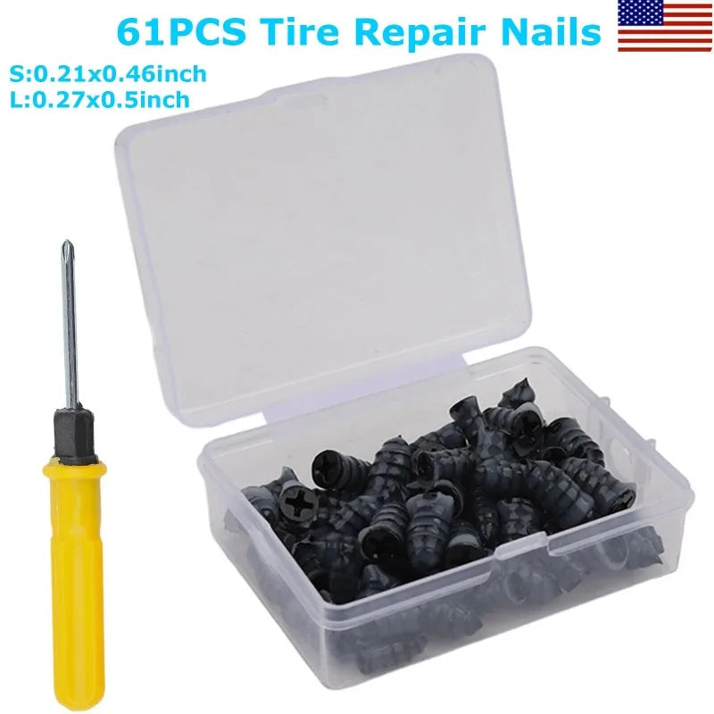 61x Car Tubeless Vacuum Tyre Puncture Repair Kit Screw Nails Tire Patch Plug Fix Tools With Screwdriver & Convenient