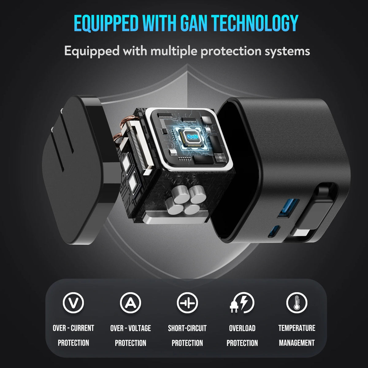 65W GaN Fast Charger with Retractable Cable Foldable Plug Quick Charging Block for iPhone Samsung iPad Android Phones