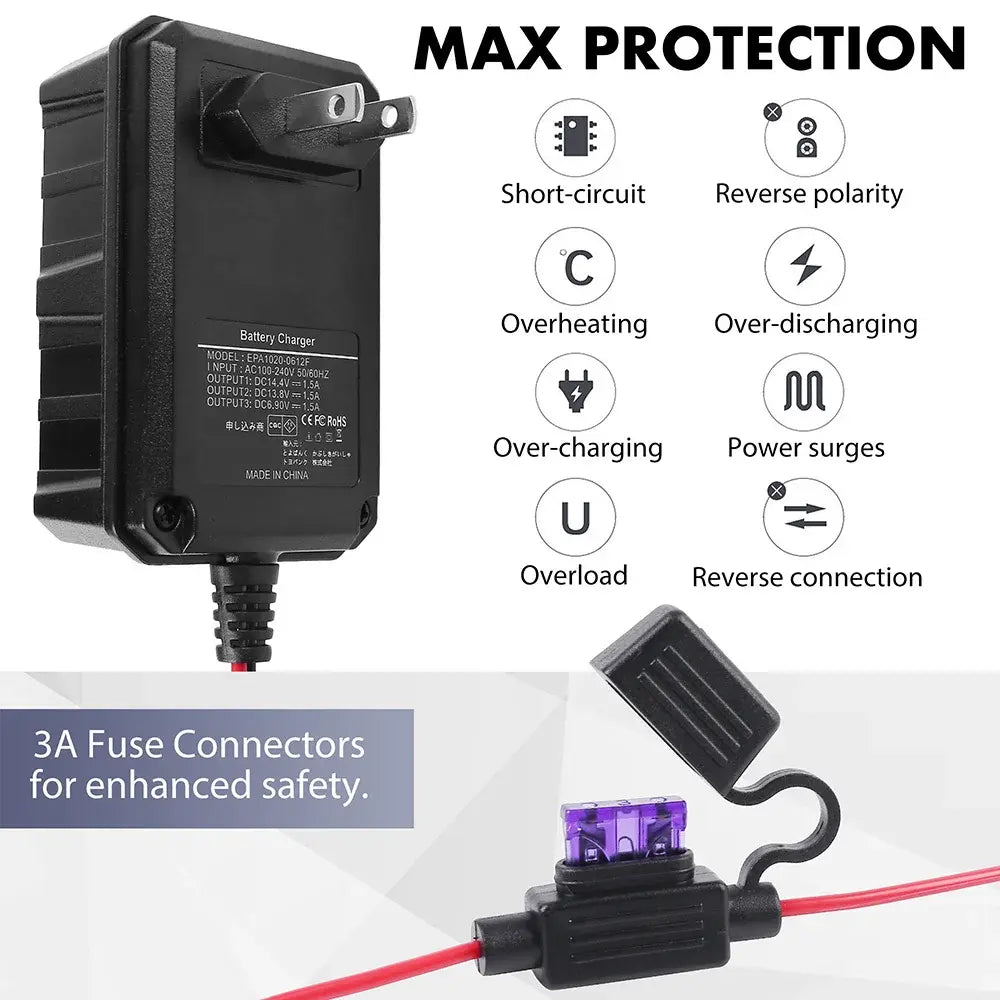 6V 12V 1.5A Battery Charger Maintainer, Smart Trickle Charger for Lithium (LiFePO4), Lead Acid Battery, Automatic Float Charger - Nexvibe